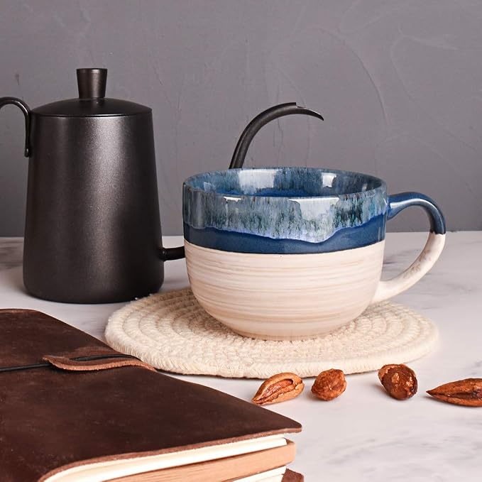 Bosmarlin Large Ceramic Coffee Mug Set of 2, Stoneware Latte Mug for Office and Home, 16 Oz, Dishwasher and Microwave Safe, (Prussian Blue, 2) - Image 4