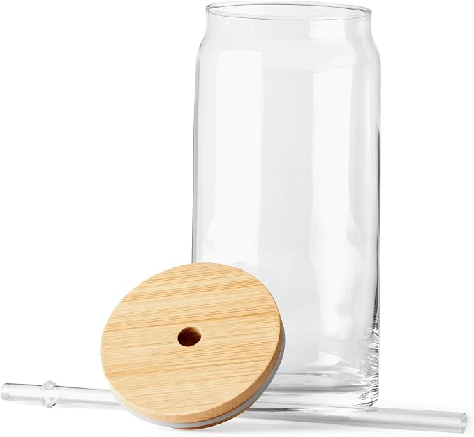 4 Pack Glass Tumbler Cups with Bamboo Lids and Straws, Clear Can Shaped Drinking Glassware Set - Image 3