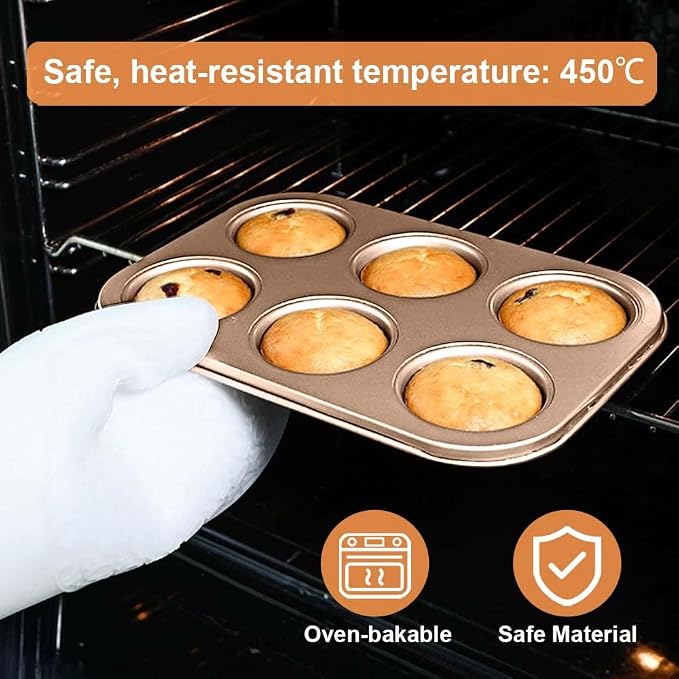 2 Packs Premium Steel Muffin Pan for Baking, Round Muffin Baking Pan, Baking Tray for Muffins, Cupcakes, Brownie(Gold, 6 Cup) - Image 5
