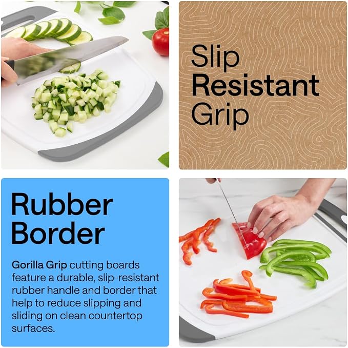 GORILLA GRIP BPA-Free Reversible Kitchen Cutting Board Set of 3, US Designed, Nonporous, Juice Grooves Catch Liquid, Slip Resistant Border, Dishwasher Safe, Durable Large Food Chopping Boards, Gray - Image 3