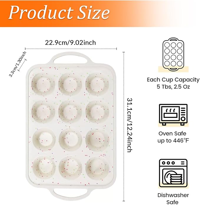 12-Cup Silicone Muffin Pans for Baking, Silicone Cupcake Pan with Handle, Easy to Clean Free Muffin Tin for Oven, Microwave, Freezer