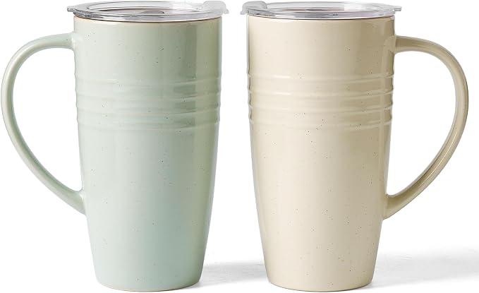 famiware Jupiter Large Coffee Mug, 20oz Coffee Mug with Lid, Ceramic Mugs Set of 2, Cup Set with Handle for Latte, Tea, Cocoa, Milk, Microwave and Dishwasher Safe, Light Green and Vanilla White by Famiware