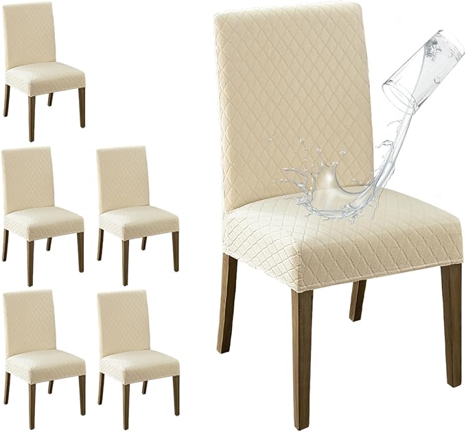 MOSAYT 100% Waterproof Dining Room Chair Covers Set of 6, Super Fit Stretch Jacquard Parson Chairs Slipcovers Removable Washable Chair Seat Protectors for Home, Kitchen, Banquet (Beige) by MOSAYT