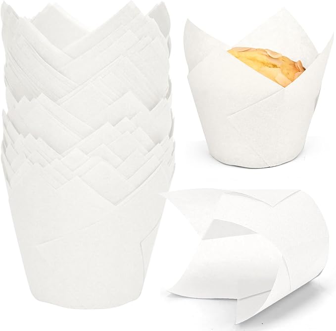 100pcs Extra Large Size Tulip Cupcake Liners for Baking Cups, Food Grade White Parchment Paper Large Muffin Liners Holders, Greaseproof Cup cake Wrappers for Party, Christmas by Neyimqr (White) by Neyimqr