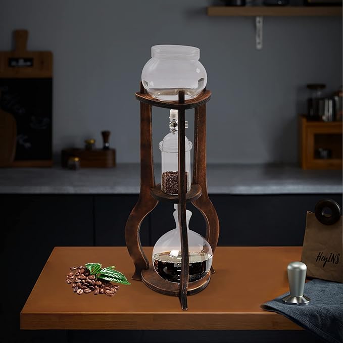 Cold Brew Coffee Maker & Iced Coffee Drip Tower, 600ml Wooden Slow Drip Coffee Maker for 6-8 Cups, Cold Brew Iced Tea Maker Machine for Home Office Use