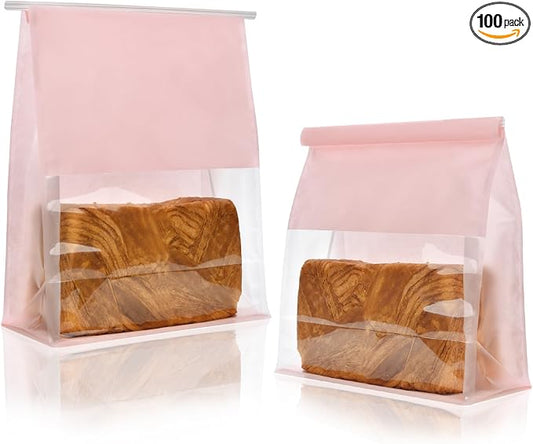 100 Bread Bags with Tabs for Homemade Sourdough Bread, 8.7x4.3x11 Inches Pink Bakery Storage Bags with Window/Ties, Large Bakery Loaf Bag for Baked Goods Packaging by FUNCOO