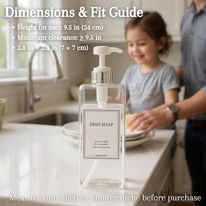 Modern Design Large 27 oz Shampoo and Conditioner Dispensers - Plastic Refillable Pump Bottle Set for Bathroom Shower Soap Dispenser, Includes 6 Waterproof Labels, Set of 3 (Clear & Silver)