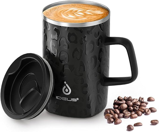 Ideus 16 oz Insulated Stainless Steel Coffee Mug with Lid, Leopard Black | Perfect for home, office, or daily use| Easy to clean wide mouth| Sweat-proof| On the go by IDEUS