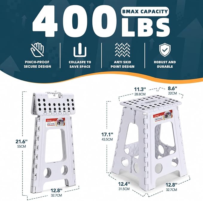 ACSTEP 17.5 Inch Heavy Duty Folding Step Stool for Adults, 400 lbs, White | Collapsible Stepping Stool for Adults with Handle and Non-Slip Surface, for Kitchen, Garage, Bedroom and Outdoor Tasks - Image 2