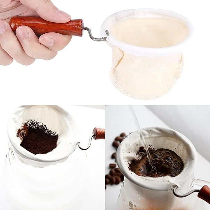 Handmade Coffee Strainer, Reusable Coffee Filter, Washable Flannel Cloth Strainer with Wood Handle for Home, Office Use (Large)