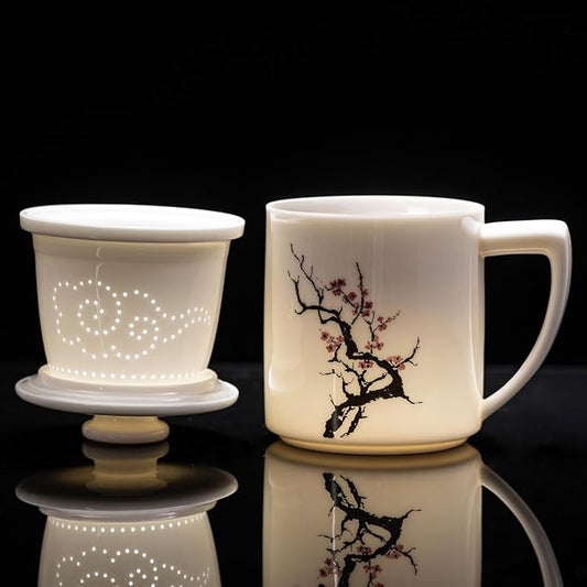 Ceramic Tea Mug with Infuser & Lid - 15oz Loose Leaf Tea Cup with Infuser,Hand-Painted Plum Blossom - Resilience & Elegance,Insulated Ceramic Coffee Mugs with Lid, Gift Set for Women/Men