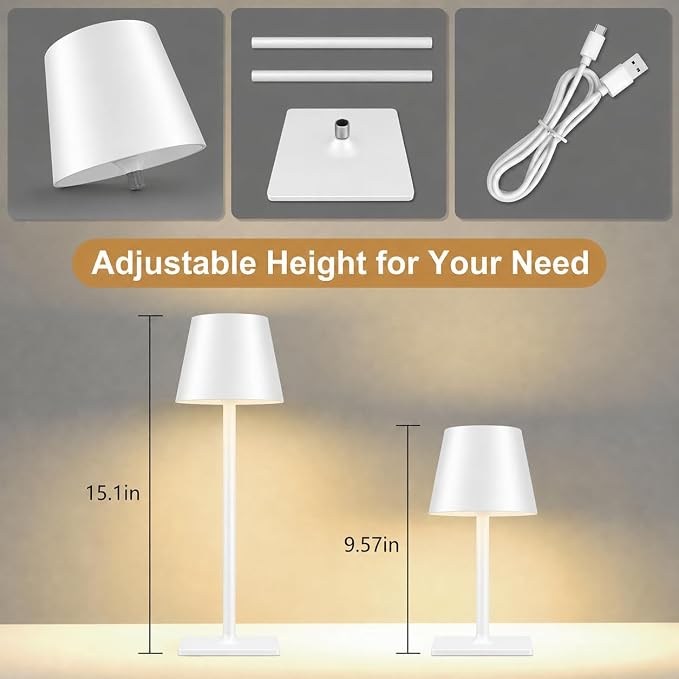 White Cordless Table Lamp Set of 2 for Patio Restaurant Home Dinner Kitchen | 6000mAh battery lamps waterproof wireless portable design for outdoor patio, dining tables, kitchens, restaurants home use - Image 7