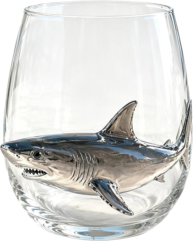 Handcrafted 3D Sea Turtle Stemless Wine Glass | Artisanal Ocean Theme Borosilicate Glassware, Coastal Marine Animal Decorative Drinkware, Coastal Home Decor Gift(Sharks) by Unknown