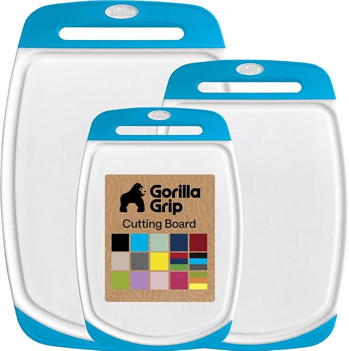 GORILLA GRIP BPA-Free Reversible Kitchen Cutting Board Set of 3, US Designed, Nonporous, Juice Grooves Catch Liquid, Slip Resistant Border, Dishwasher Safe, Durable Large Food Chopping Boards, Aqua by Unknown