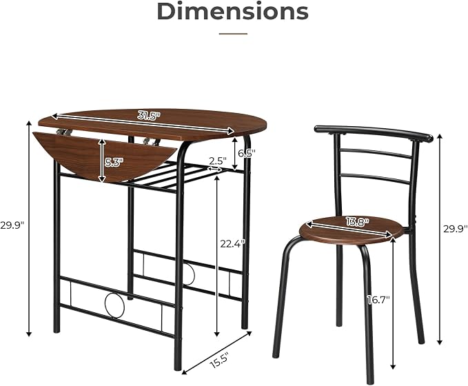 VINGLI 31.5" Drop Leaf Dining Table Set for 2, 3 Pieces Dining Table with Chair for Small Space, Small Kitchen Extendable Folding Dining Table for Dining Room，Home, Apartment, Saving Places, Walnut - Image 4