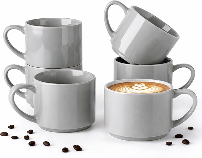 GBhome 14 OZ Coffee Mugs Set of 6, Stackable Ceramic Mugs for Men, Women, Modern Coffee Mugs for Latte,Cappuccino,Hot Cocoa. Dishwasher & Microwave Safe, Gray by GBhome