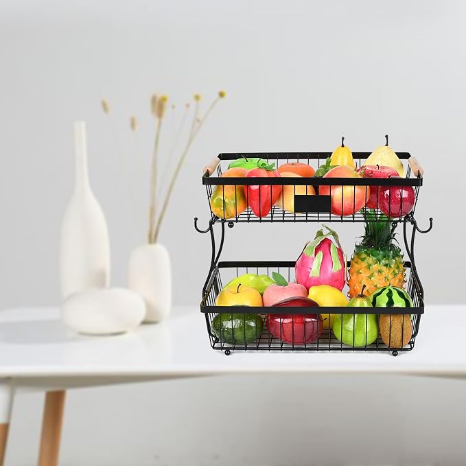 Fruit Basket Bowl 2 Tier Detachable with 2 Banana Hangers, Fruit Stand Holder for Kitchen Countertop, Metal Wire Vegetable Storage Organizer, for Bread Snack Veggies Produce, Black - Image 7