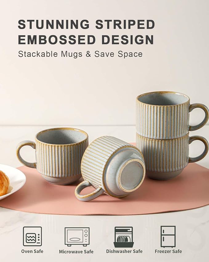 HASENSE Coffee Mug Ceramic Set of 4 with Stand - 15 oz Rustic Farmhouse Stackable Ribbed Latte Cup Set for Cappuccino, Tea, Hot Cocoa, Drinks - Dishwasher & Microwave Safe, Lavender Gray - Image 3