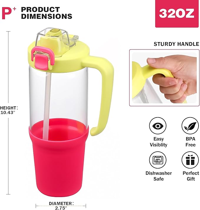32 oz Glass Tumbler with Handle, 2-in-1 Straw and Sip Spout, Leakproof, BPA-Free Glass Water Bottle for Sports, Office, School, Bright Pink