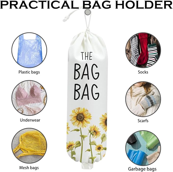 Sunflower Plastic Bag Holder, Wall Mount Grocery Bag Holder for Plastic Bags | Pull Rope Free Adjustment, Sunflower Reusable Shopping Bags Storage Dispenser for Home Kitchen Pantry, 22.5x9 Inch - Image 3