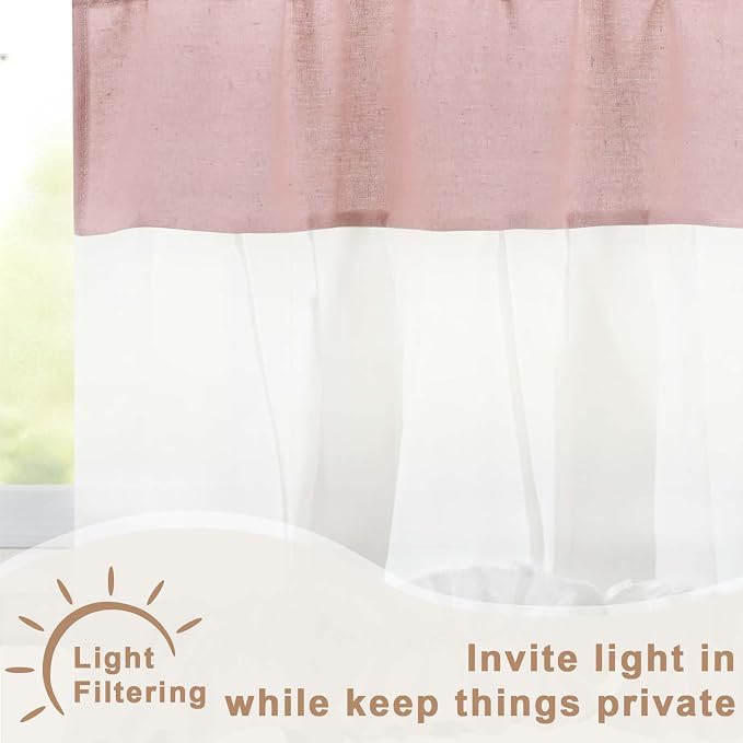 Likiyol Linen Valances for Windows Farmhouse Window Valances with Ruffle Rustic Country Light Filtering Kitchen Valance Curtains Rod Pocket Valance for Bathroom Cafe, Pink White, 52" W X 18" L - Image 4