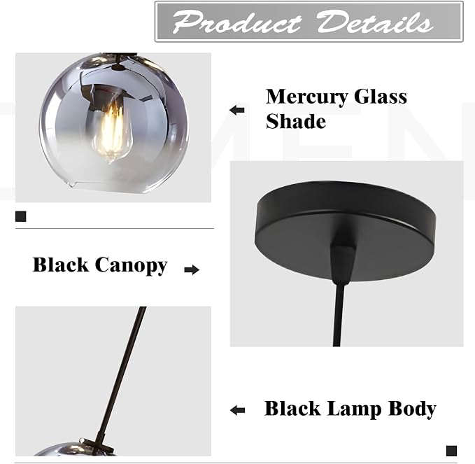 KCO Lighting Mercury Glass Pendant Light Fixtures Mid Century Modern Silver Kitchen Island Pendant Lights Ceiling Hanging Black Large Globe Pendant Light for Living Room Dining Room - Image 3