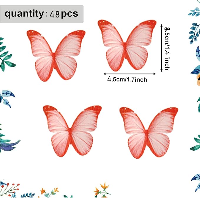 48PCS Wafer Paper Butterfly Cake Toppers YOcity Edible Butterflies for Cake Decorations Red Butterfly Cupcake Toppers for Birthday Party Wedding Food Decorations (Red) - Image 2