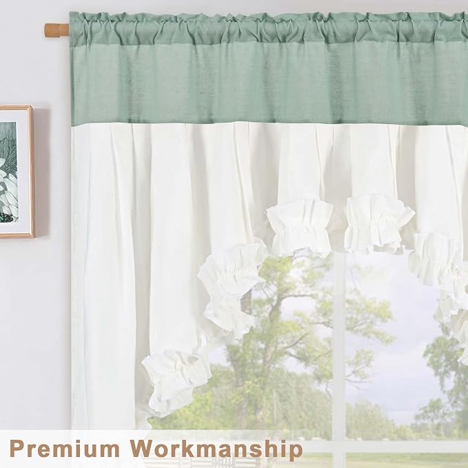 Likiyol Linen Valances for Windows Farmhouse Ruffle Swag Valance Rustic Country Window Valances Light Filtering Kitchen Curtains Rod Pocket Valance Curtains for Bathroom Cafe, Teal White, 60"W x 36"L - Image 7