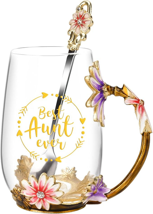 OEAGO Gifts for Aunt from Niece Nephew Tea Cup Cool Birthday Gift Enamel Flower Glass Mugs Christmas Mothers Day New Aunt Announcement Promoted by OEAGO