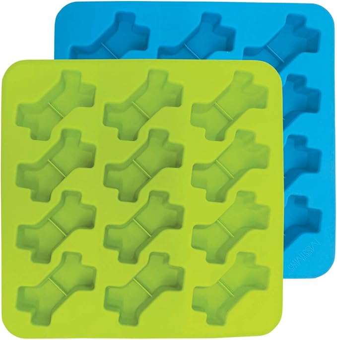 Messy Mutts Silicone Bake & Freeze Treat Making Mold | 2 Pack | 12 Bone Shaped 1 oz Molds | 9" x 9" Tray | Dishwasher, Freezer, Oven Safe | Blue/Green