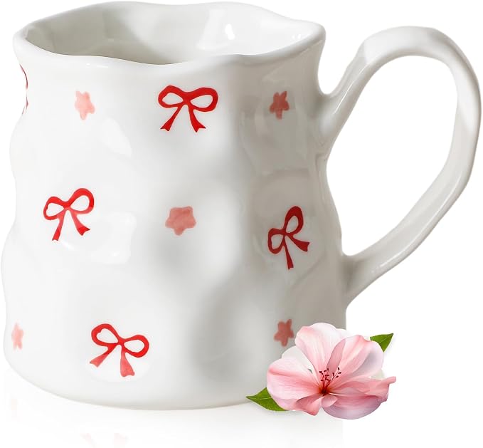 Ceramic Cute Coffee Mug,14 oz Pretty Mug,Unique Coffee Mug (Bows).Ceramic Mug For Women,Hand-Painted Coffee Cup by MithrgrousLife