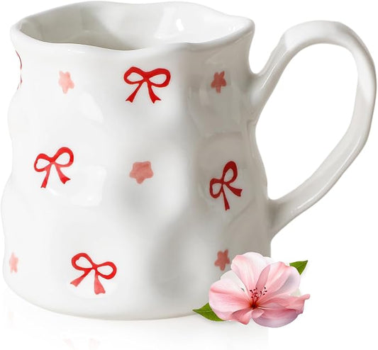 Ceramic Cute Coffee Mug,14 oz Pretty Mug,Unique Coffee Mug (Bows).Ceramic Mug For Women,Hand-Painted Coffee Cup by MithrgrousLife