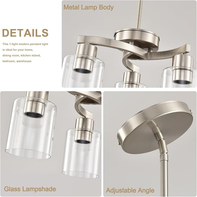 Modern Dining Room Chandelier, 3-Light Brushed Nickel Pendant Light | Industrial Pendant Light, Clear Glass Shade, Adjustable Height, E26, Dimmable - Image 5