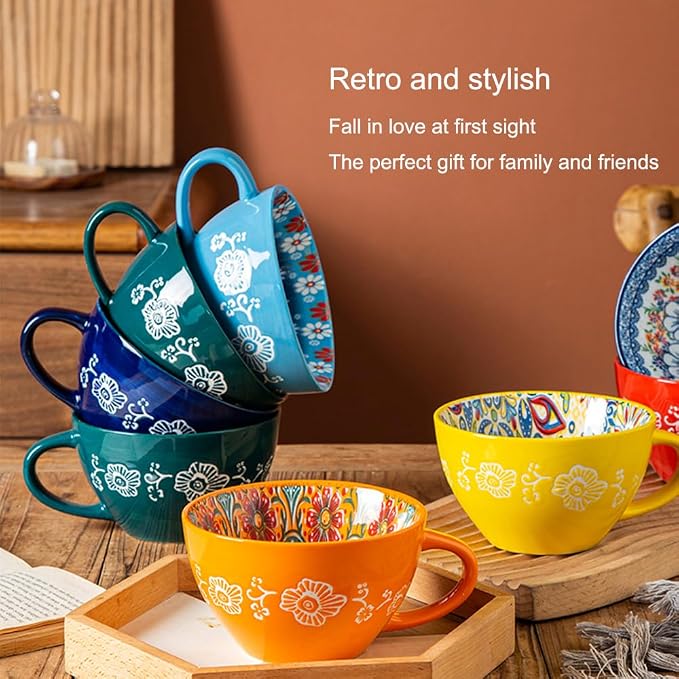 Bohemian Hand-Painted Ceramic Mug, 15 Oz Large Coffee Cup for Milk, Tea, and Breakfast, Dishwasher & Microwave Safe Artisan Cup, Orange - Image 3