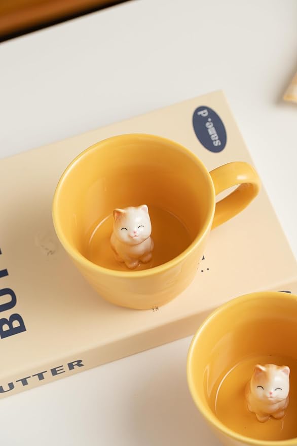 DIHOclub Cat Coffee Cup Hidden Ceramic Animal Inside Mug,Cute Cartoon Handmade Figurine Mugs,Holiday and Birthday Gift for Coffee Milk Tea Lovers,12 Oz(yellow) - Image 5