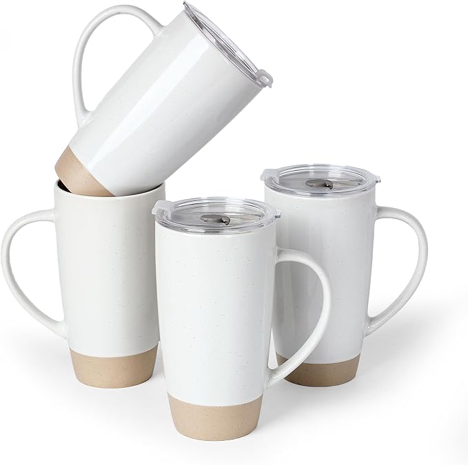 famiware Milkyway Coffee Mugs, 20oz Large Coffee Mug, Ceramic Mug Set of 4 with Lid, Cup Set with Handle for Latte, Tea, Cocoa, Milk, Home & Office, White by Famiware