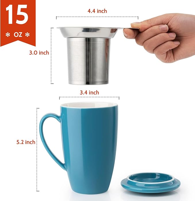 Sweese 15 OZ Porcelain Tea Mug with Infuser and Lid, Loose Leaf Tea Cup, Gifts for Tea Lover, Steel Blue - Image 2