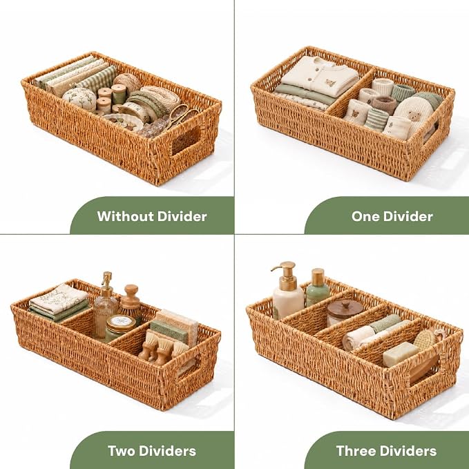 Nature-Inspired Rattan Pantry Organizer Baskets Set of 2 with 3 Removable Dividers – Handwoven Storage Bins for Kitchen or Bathroom Organization, Ideal for Snacks, Coffee & Tea (13” x 7.3” x 3.7”) - Image 4