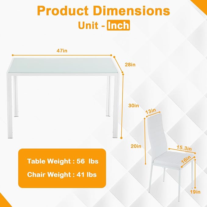 FDW | 5-Piece Dining Table Set | White | Glass Kitchen Table with 4 Upholstered Chairs and Faux Leather Cushions | Space-Saving and Modern Design | for Dining Room, Easy to Assemble - Image 3