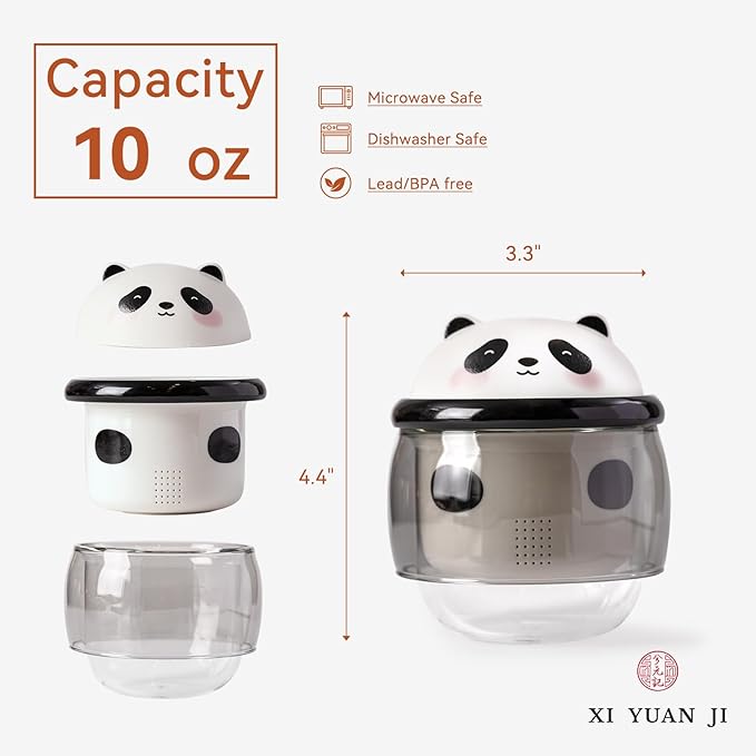 Tea Cup with Infuser and Lid 10oz - Panda Double-Wall Glass Mug with Ceramic Components, Cute Animal Design Loose Leaf Tea Gift for Birthday & Anniversary