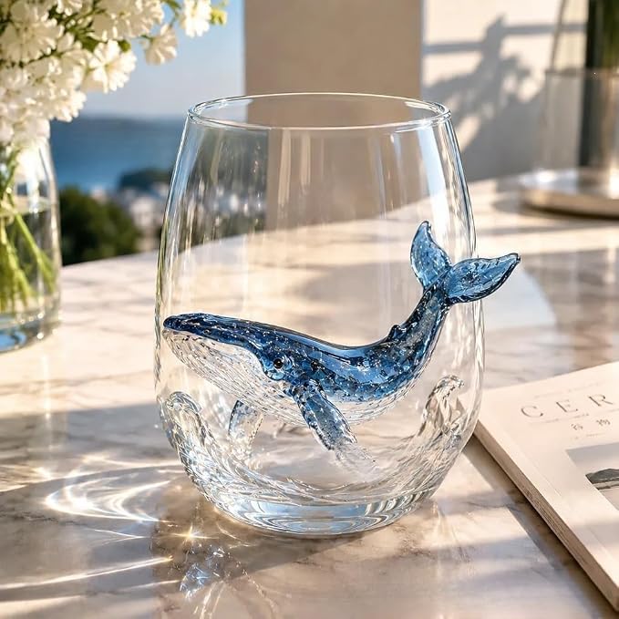3D Octopuses Stemless Wine Glasses Artisanal Blue Ringed Octopus Glassware Coastal Christmas Home Decor Gift for Ocean Lovers，Whale by Unknown