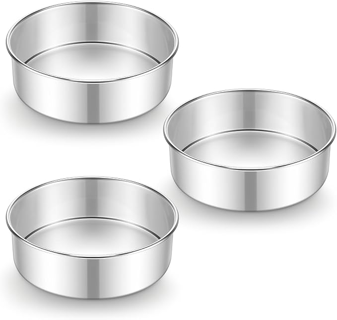E-far 7 Inch Cake Pan Set of 3, Stainless Steel Round Baking Pans Tins for Layer Birthday Wedding Cakes, Dishwasher & Oven Safe, Healthy & Non-toxic, Leak Proof & Mirror Polished by E-far