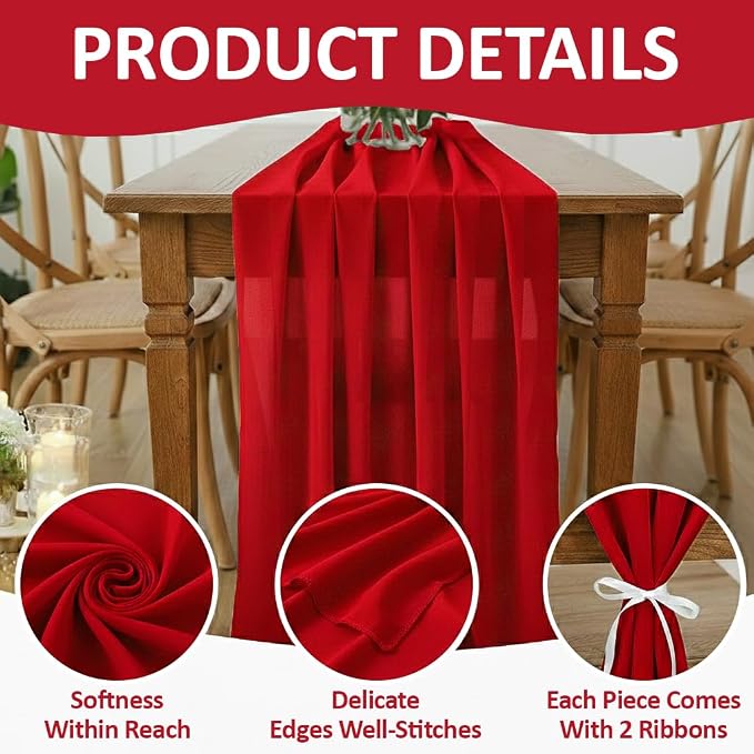 Pack of 5 | Red | 10ft Chiffon Table Runner 29x120 Inches Long Romantic Rustic Sheer Gauze Runner for Wedding Bridal Shower Birthday Banquets Engagement Spring Easter Boho Decorations - Image 5