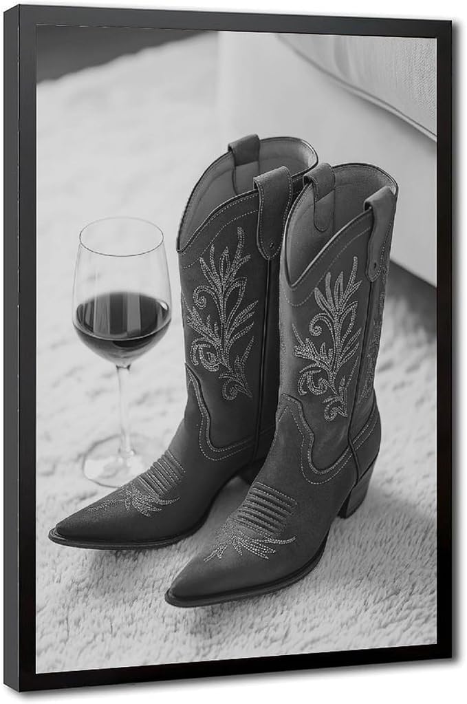 UXCBIA Cowboy Boots And Red Wine, Western Aesthetic, Black And White, Modern Fashion Poster Canvas Poster Bedroom Decor Sports Landscape Office Room Decor Gift Black Frame 08x12in(20x30cm) by Unknown