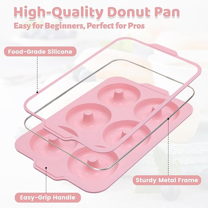 3.5 Inch Nonstick Silicone Donut Pan for Baking with Metal Frame, 1 Pack Donut Molds for Baking, 6 Cavity Doughnut Pan for Oven and Bagel Trays Non Toxic with Handle (Pink)