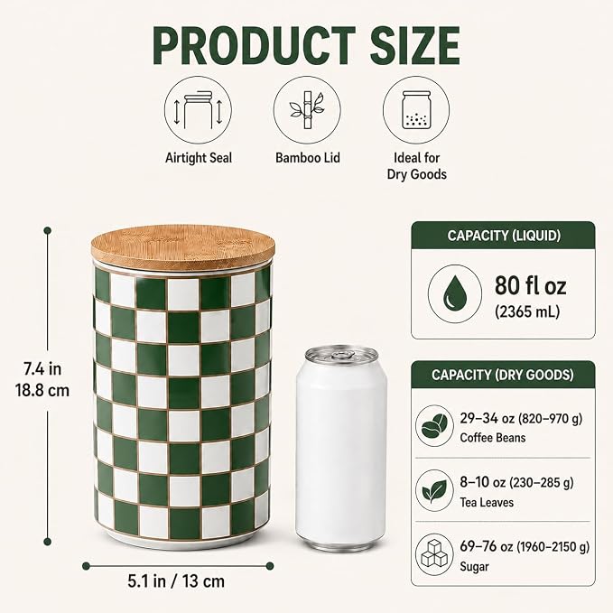 Kitchen Countertop Ceramic Checkered Canisters,Black And White Food Storage Containers With Lid,Airtight Kitchen Canisters for Flour, Sugar, Coffee, Tea, and Dry Goods (Green, XL) - Image 2