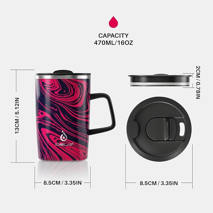 Ideus 16 oz Insulated Stainless Steel Coffee Mug with Lid, Red Zebra | Perfect for home, office, or daily use| Easy to clean wide mouth| Sweat-proof| On the go - Image 6