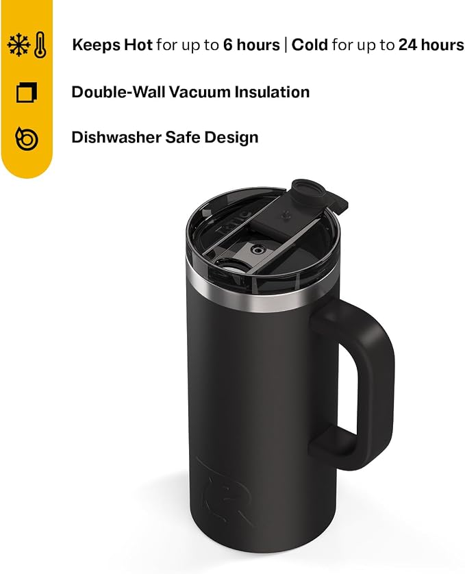 RTIC 16oz Road Trip Travel Mug with Lid and Handle, Ceramic Lined, Black | Stainless Steel Metal, Insulated Travel Cup for Hot and Cold Drinks, Coffee, Car, Camping and Travel - Image 2