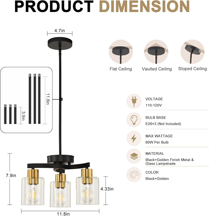 Black Brass Dining Room Chandelier, 3 Light Modern Industrial Pendant Light for Kitchen Island, Adjustable Height Ceiling Light with Clear Glass Shades,E26 Base,Dimmable - Image 3