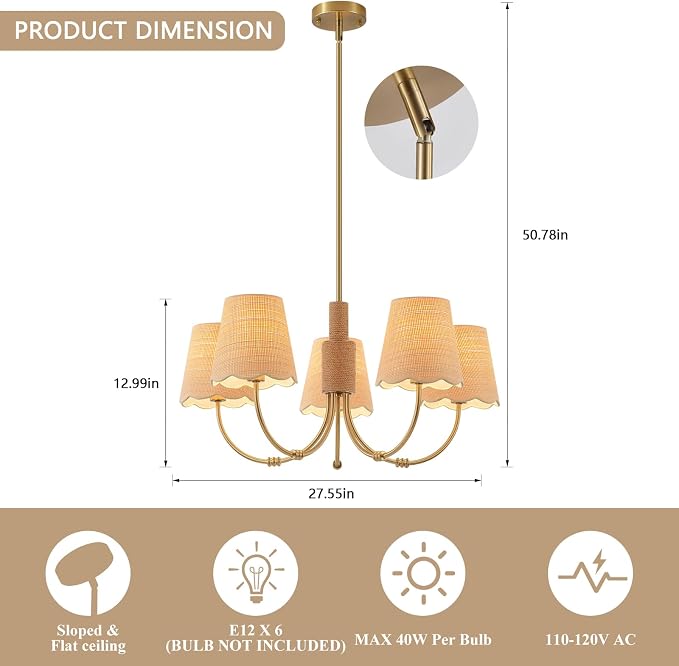 Boho Rattan Chandelier with Fabric Shade, Antique Gold Brass Farmhouse Chandeliers, 5-Lights Coastal Gold Pendant Light Fixtures for Dining Room Kitchen Island Living Room Hemp Rope - Image 2
